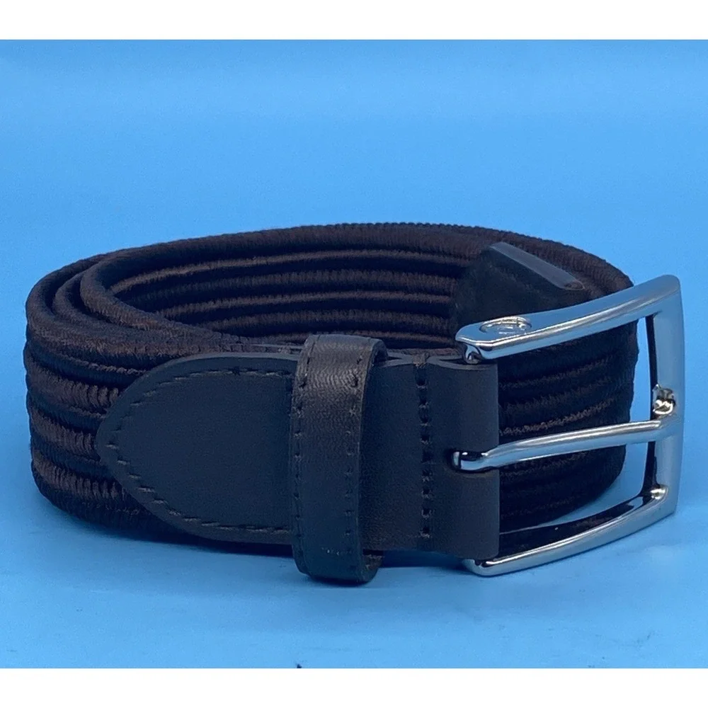 Quince Men's Braided Elastic Stretch Belt Brown Leather Tabs Sz 32 Casual Woven